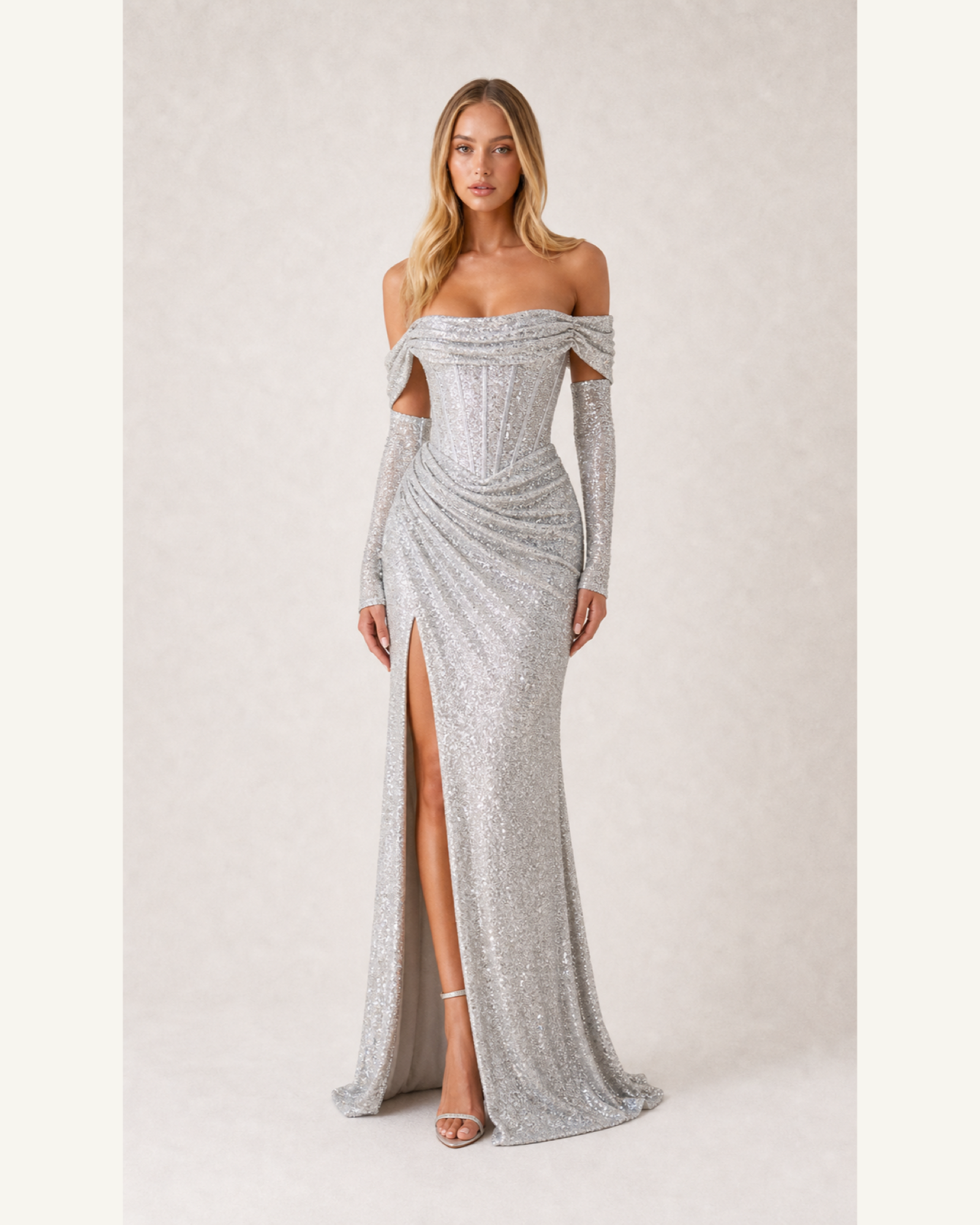 Party Dresses collection image featuring Silver Off-Shoulder Prom Gown Contessa Rose