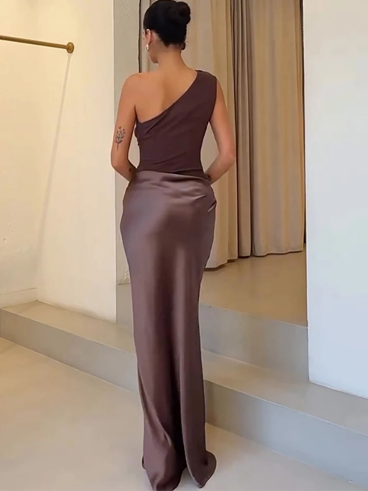 Satin One Shoulder Maxi Dress Celeste Rose