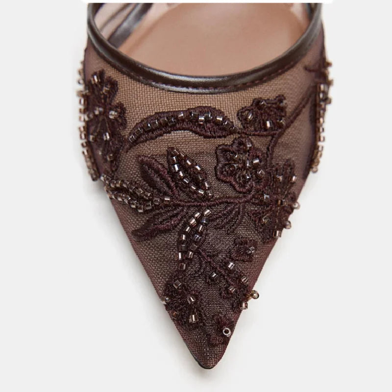 Embroidered Mesh Heeled Sandals Celeste Rose
