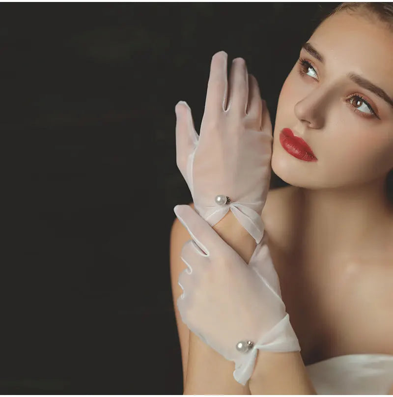Pearl Beaded Tulle Wrist Gloves Odette Rose