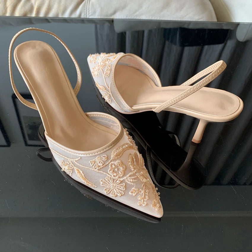 Embroidered Mesh Slingback Pumps Vivienne Rose