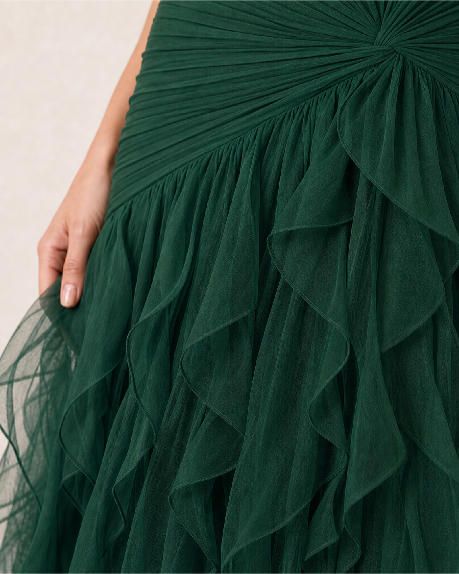 Ruffle Chiffon Prom Gown Arabella Rose - Emerald Green - Fabric Closeup