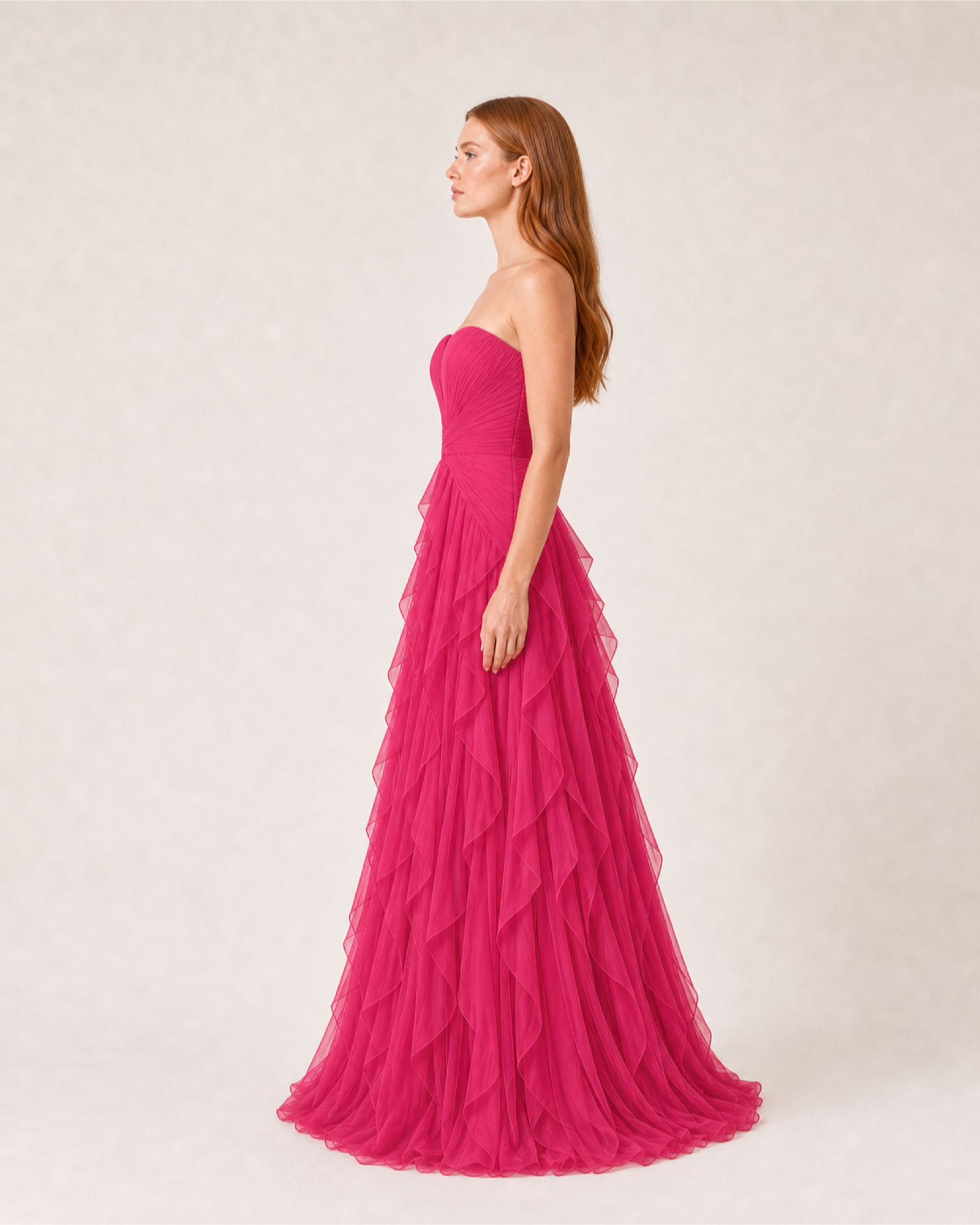 Ruffle Chiffon Prom Gown Arabella Rose - Fuchsia - Left Profile
