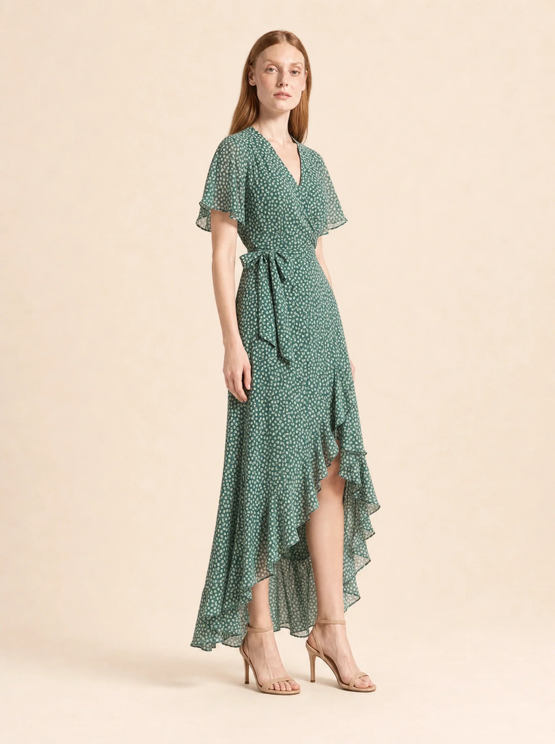 Chiffon Boho Wrap Maxi Dress Aurelia Rose - Green - Three Quarter