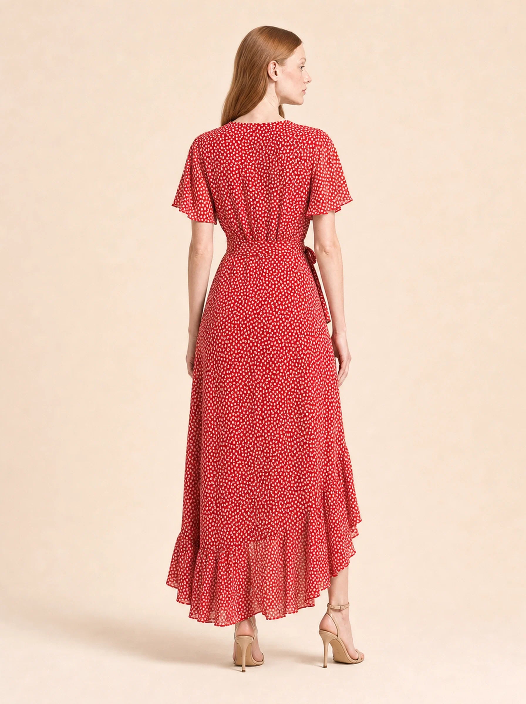 Chiffon Boho Wrap Maxi Dress Aurelia Rose - Red - Back