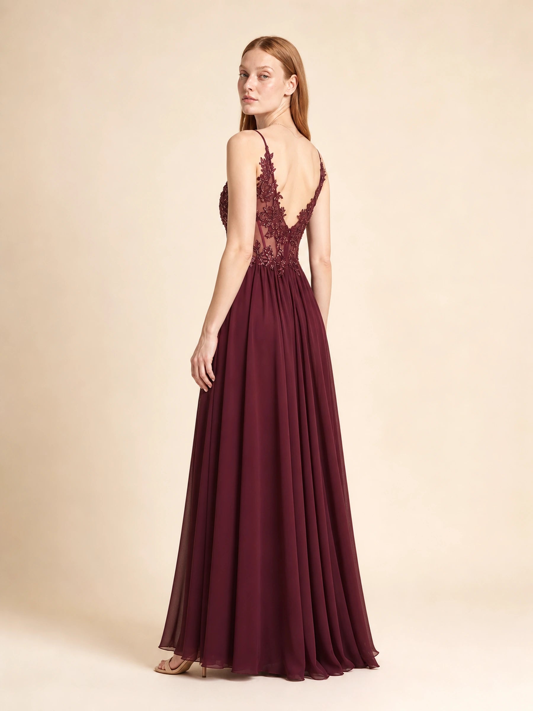 Beaded Chiffon Prom Gown Rosalind Rose - Burgundy - 02 back