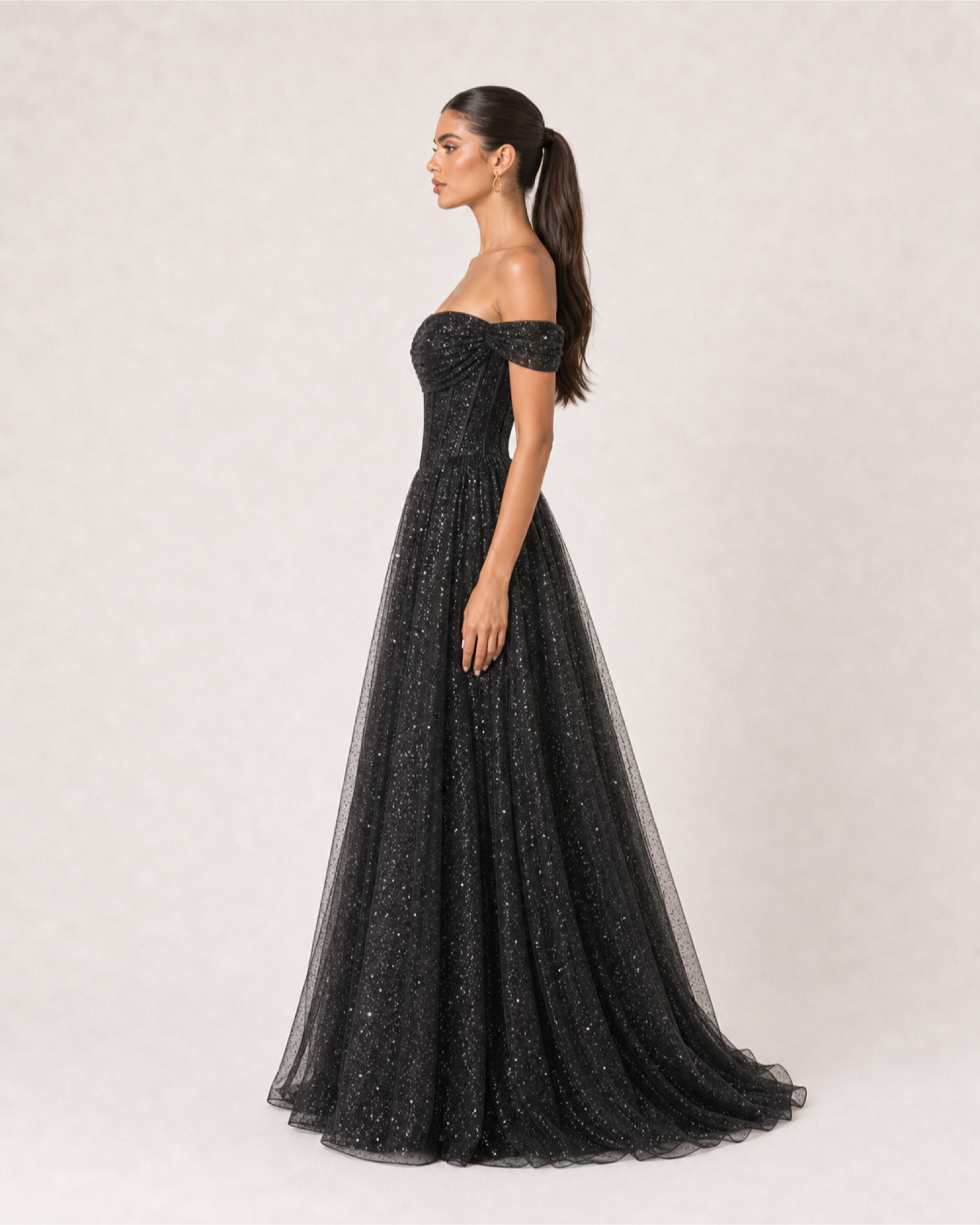 Glitter Tulle Prom Gown Estelle Rose - Black - Left Profile