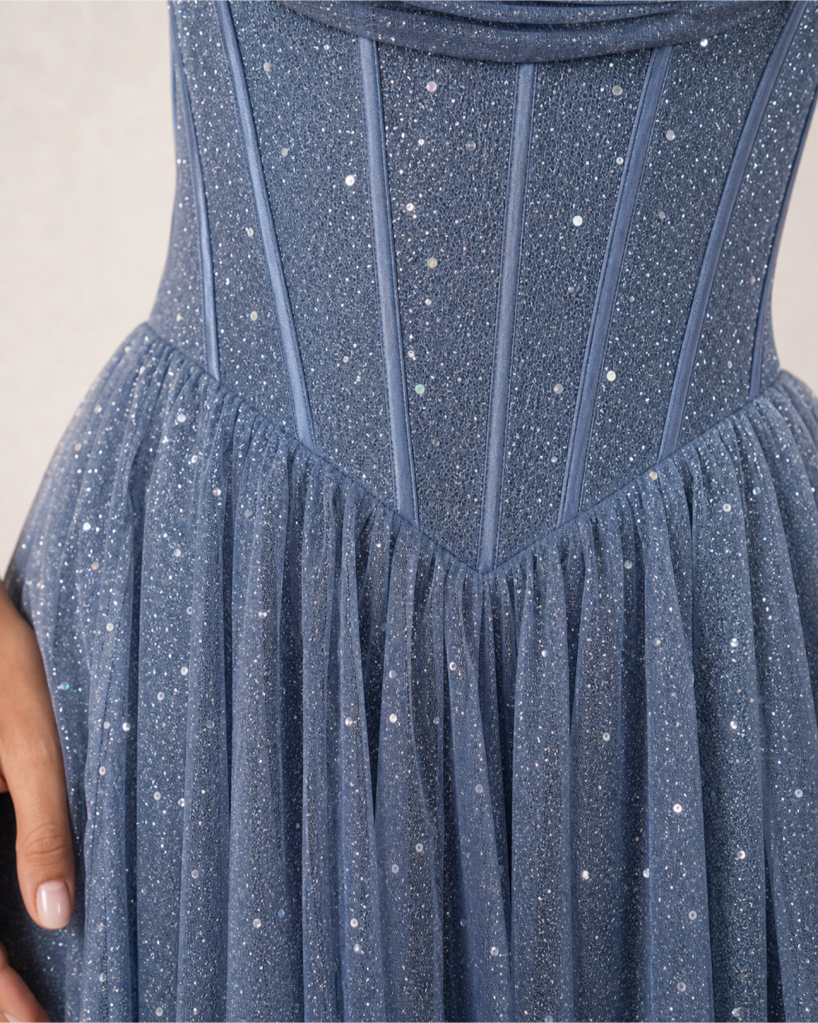 Glitter Tulle Prom Gown Estelle Rose - Dusty Blue - Fabric Closeup