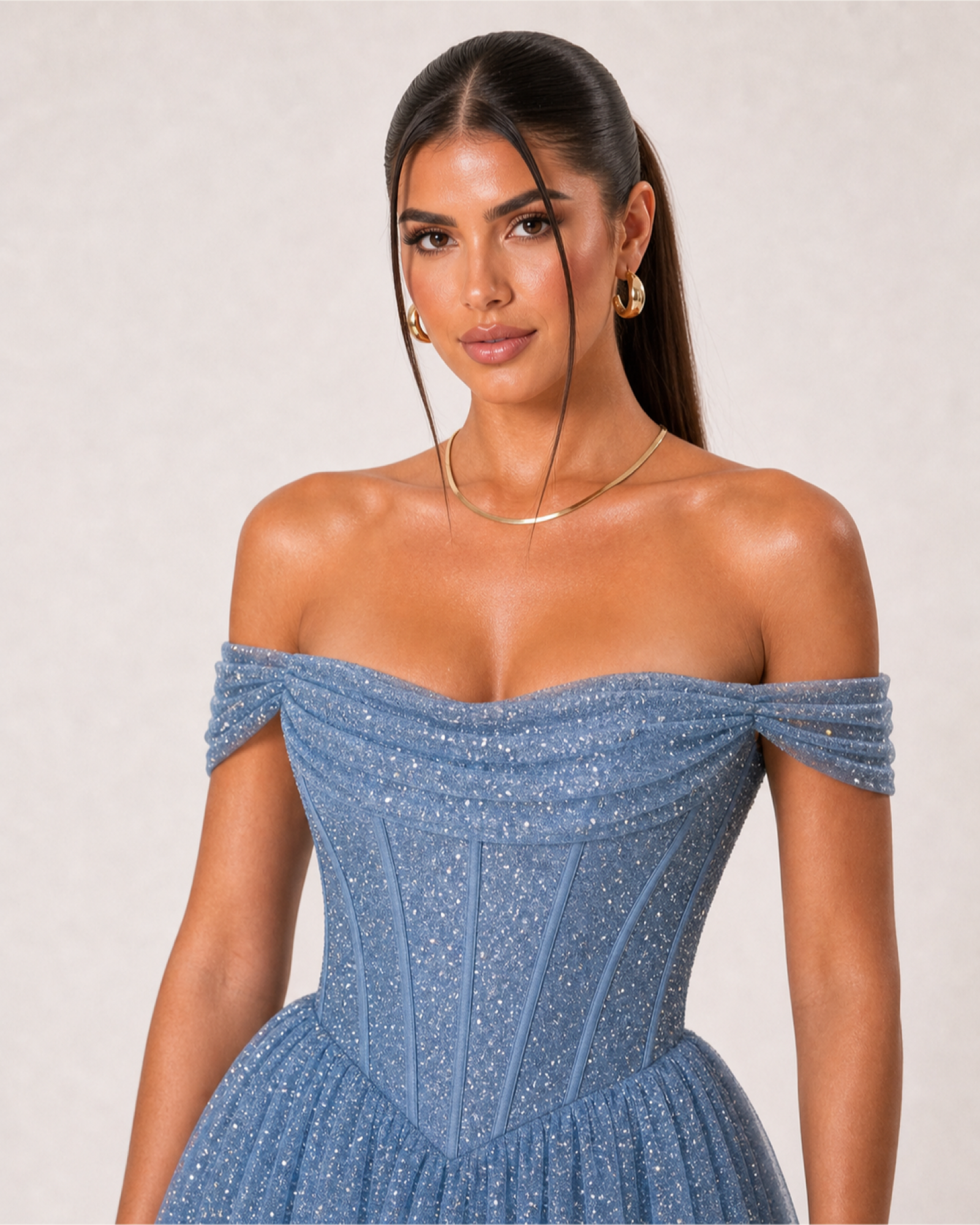 Glitter Tulle Prom Gown Estelle Rose - Dusty Blue - Upper Closeup