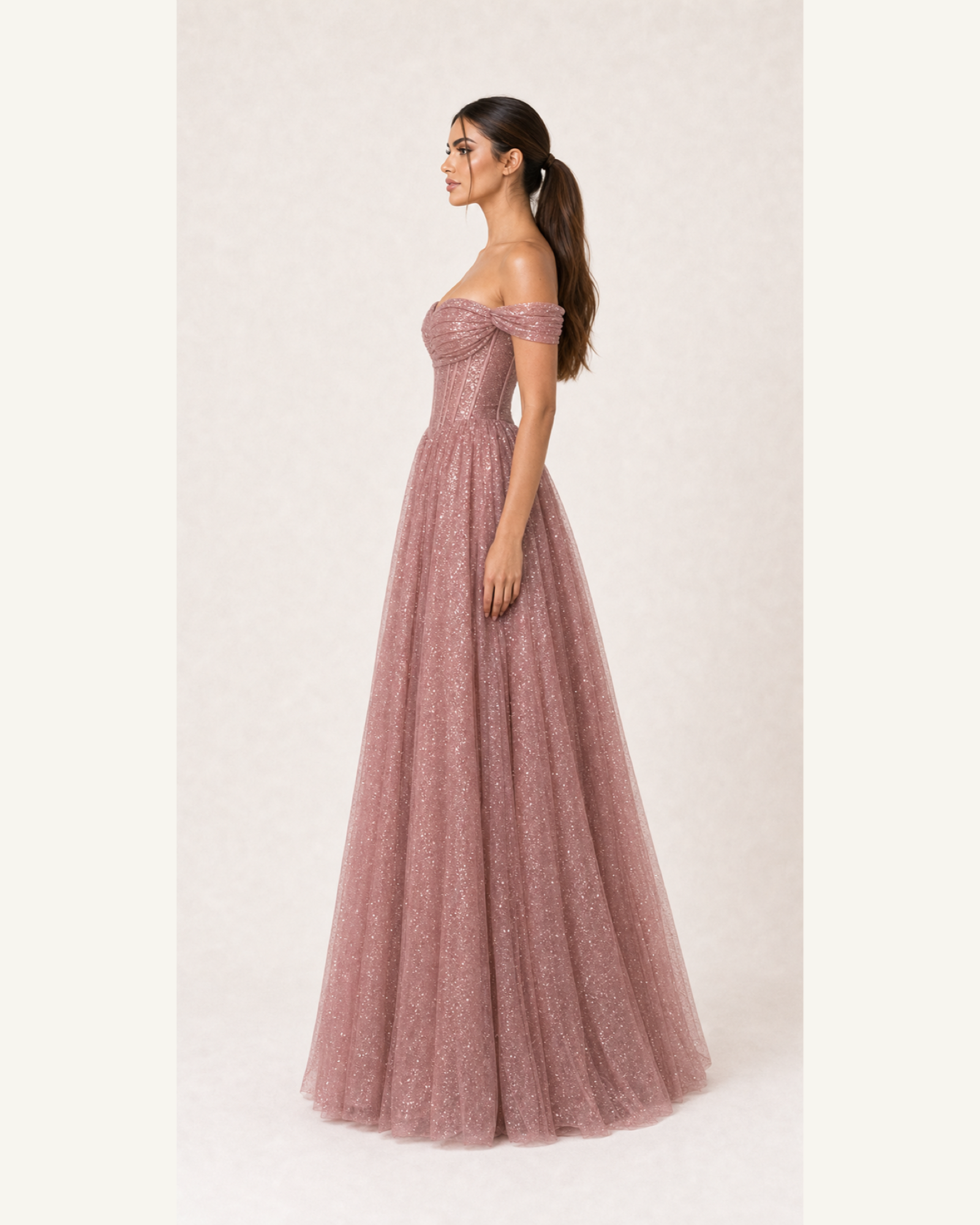 Glitter Tulle Prom Gown Estelle Rose - Dusty Rose - Left Profile