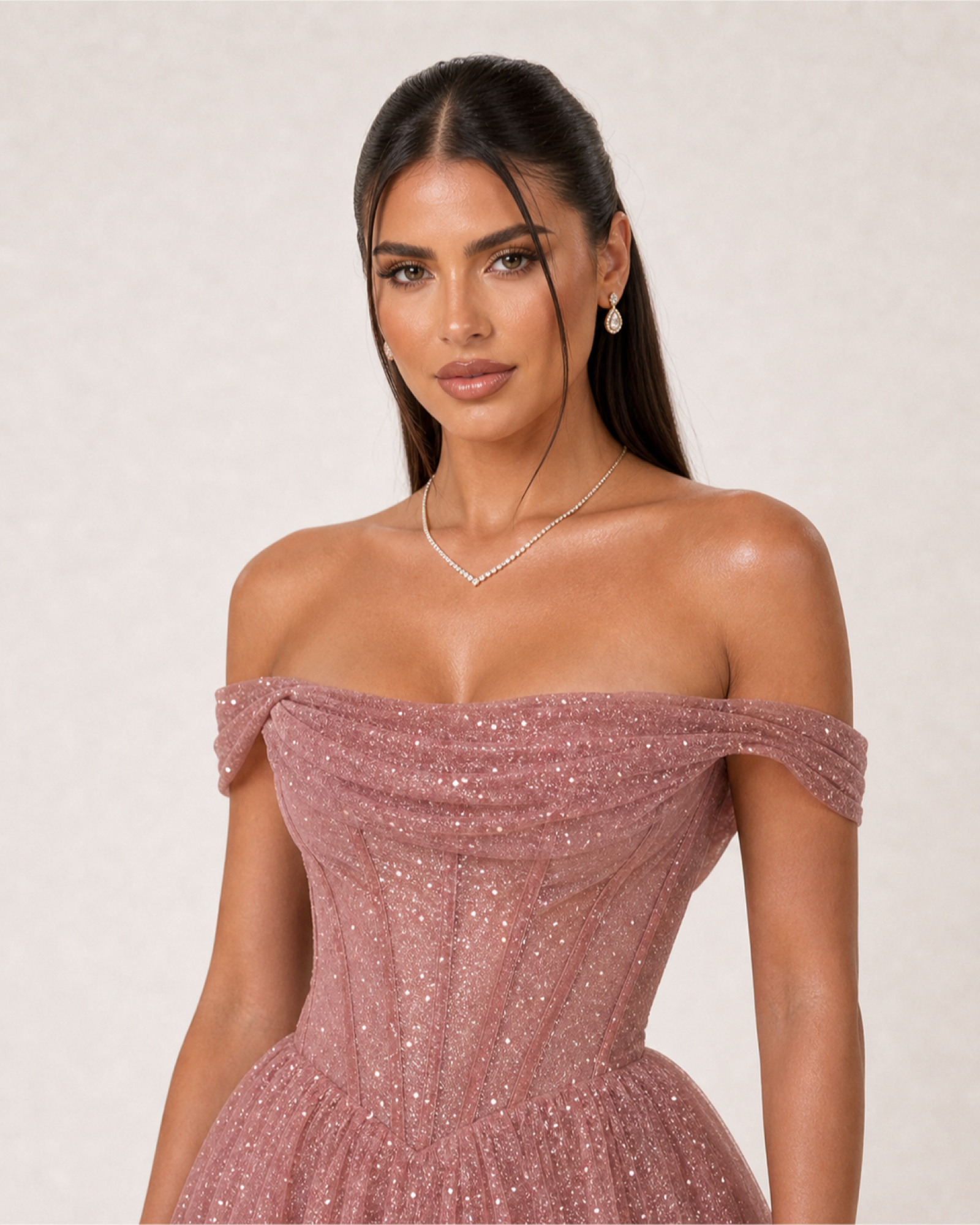 Glitter Tulle Prom Gown Estelle Rose - Dusty Rose - Upper Closeup