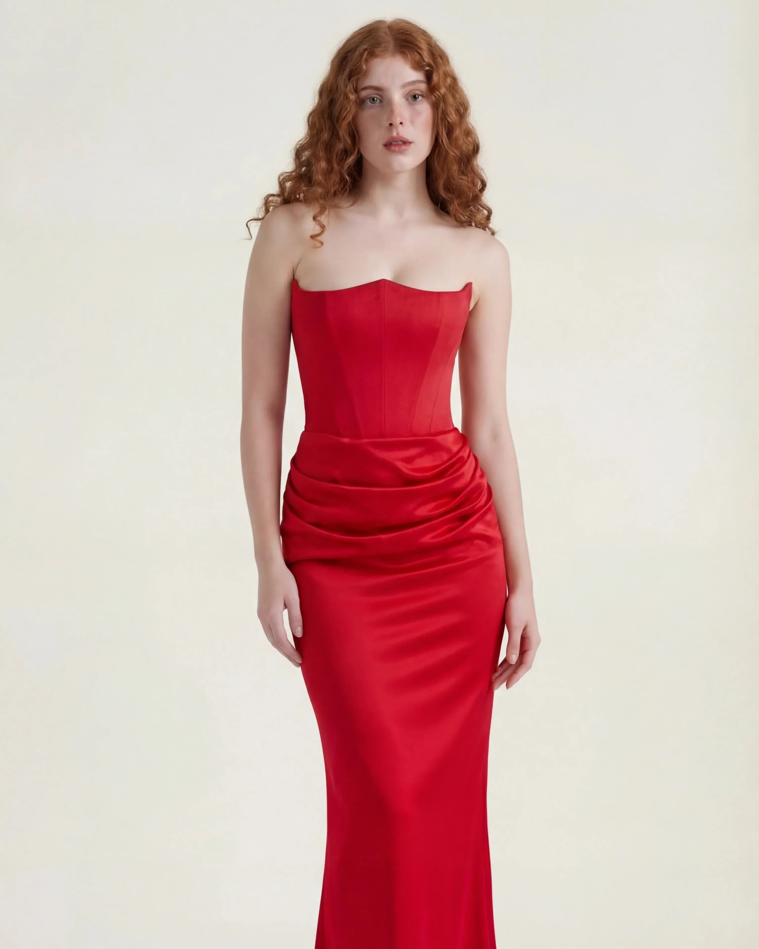 Red satin maxi dress with cowl neckline, Delphine Rose by Rose & Mews
