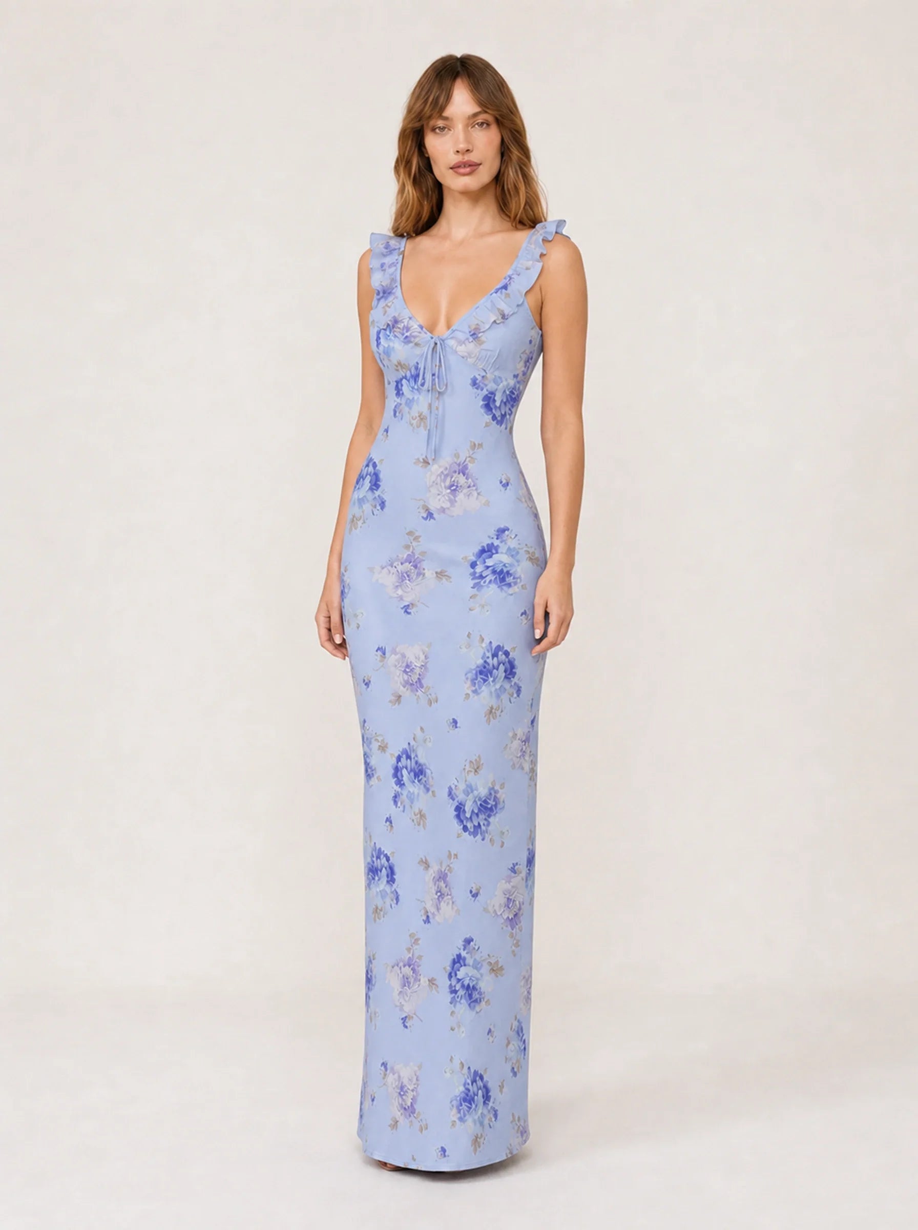 Floral Print Backless Maxi Dress Solène Rose - Blue - Three Quarter
