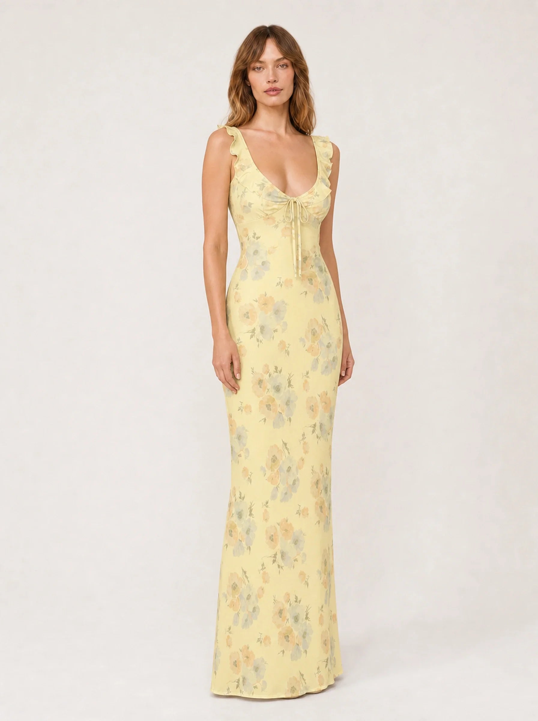 Floral Print Backless Maxi Dress Solène Rose - Yellow - Three Quarter