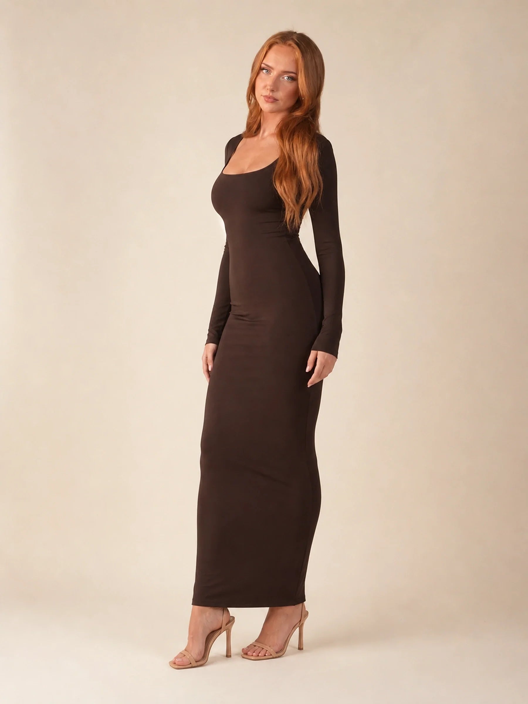 Long Sleeve Bodycon Midi Dress Isolde Rose - Brown - three quarter