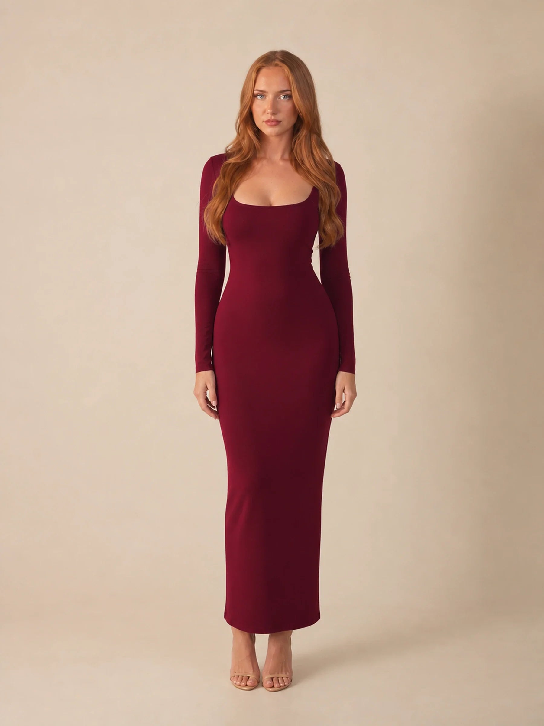 Long Sleeve Bodycon Midi Dress Isolde Rose - Claret - front