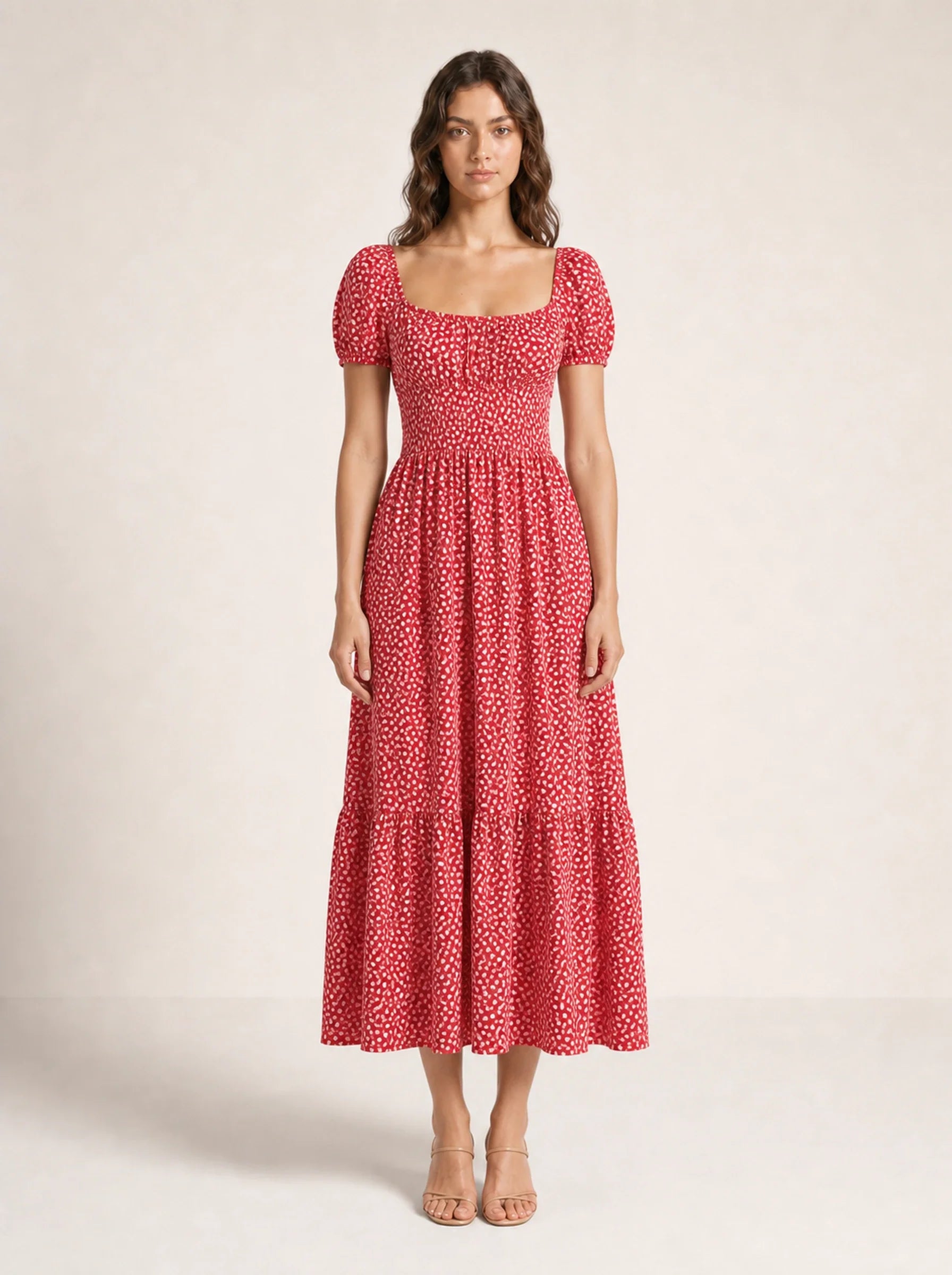 Floral Puff Sleeve Maxi Dress Isolde Rose - Red - Front