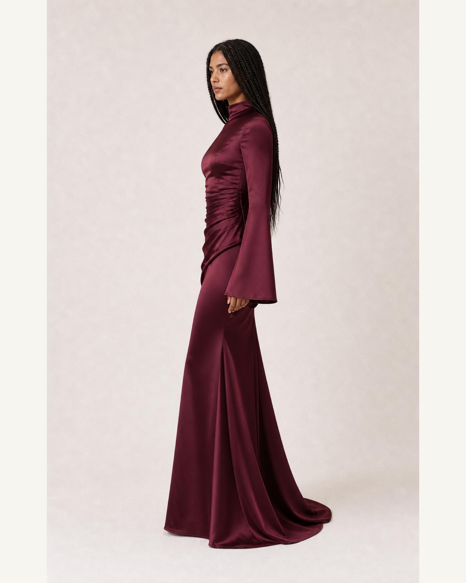 Burgundy Satin Mermaid Gown Lily Rose - Burgundy - Left Profile