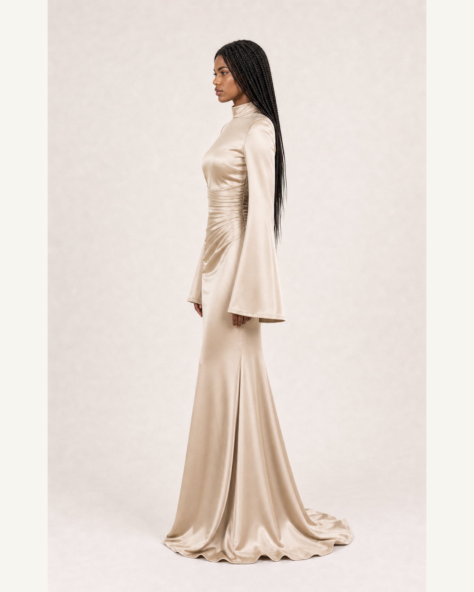 Burgundy Satin Mermaid Gown Lily Rose - Champagne - Left Profile