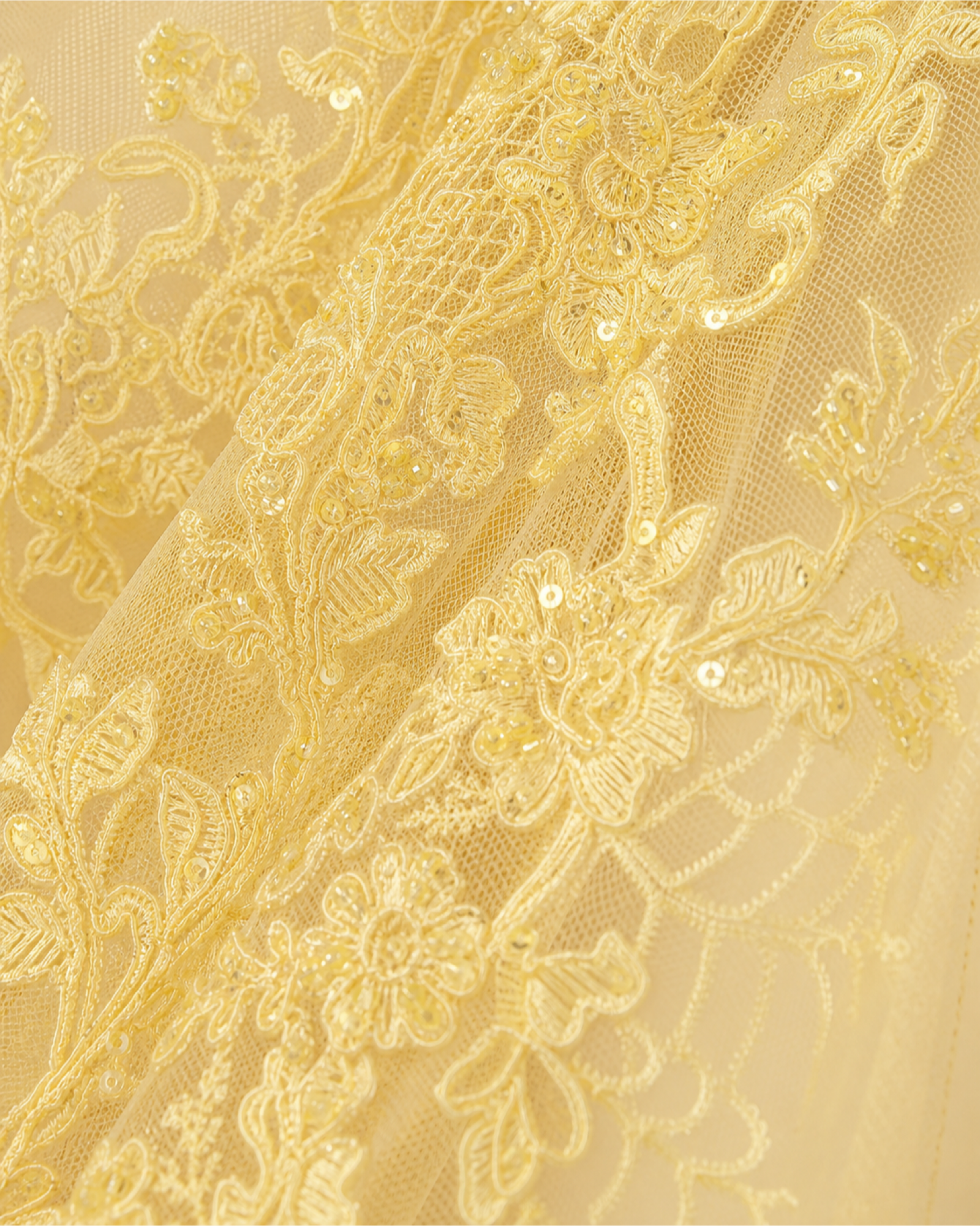 Embroidered Lace Mermaid Gown Marigold Rose - Yellow - Fabric Closeup