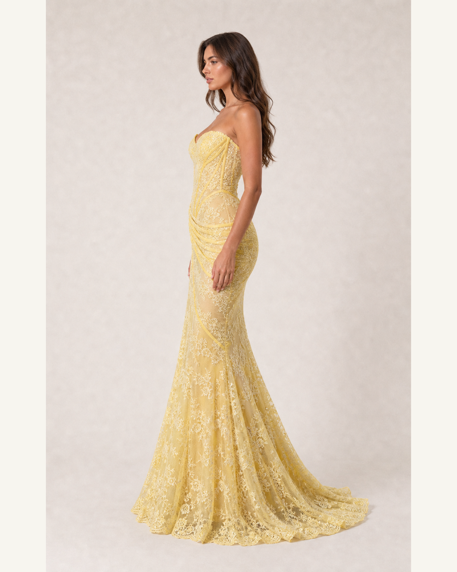 Embroidered Lace Mermaid Gown Marigold Rose - Yellow - Left Profile
