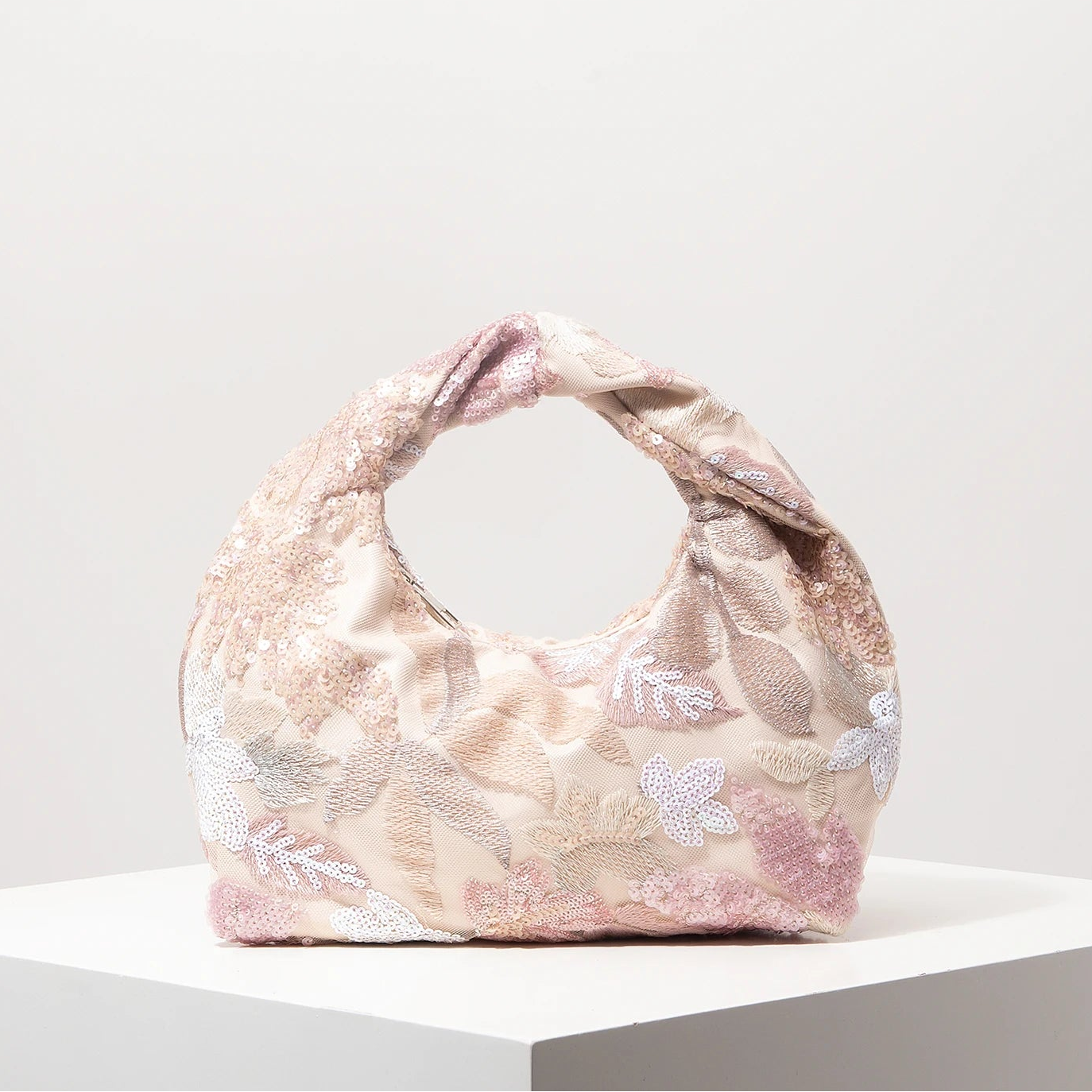 Rose & Mews blush floral sequin evening clutch front view