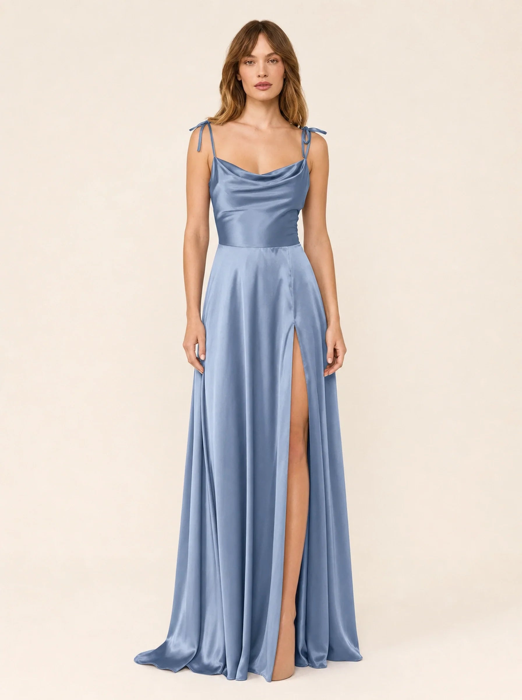 Satin A-Line Prom Gown Isabeau Rose - Dusty Blue - Front