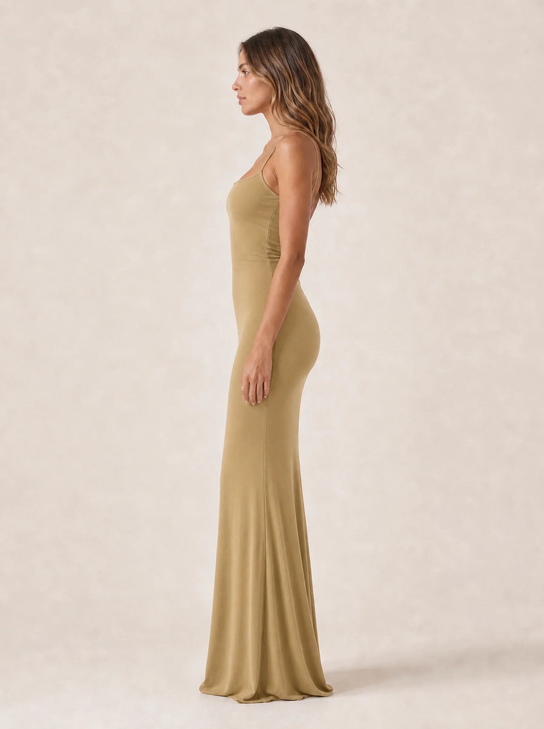 Bodycon Maxi Dress Bianca Rose in beige — left profile
