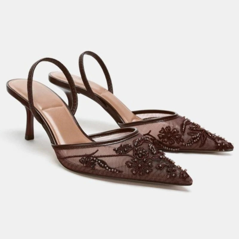 Embroidered Mesh Heeled Sandals Celeste Rose