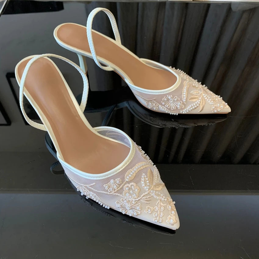 Embroidered Mesh Slingback Pumps Vivienne Rose
