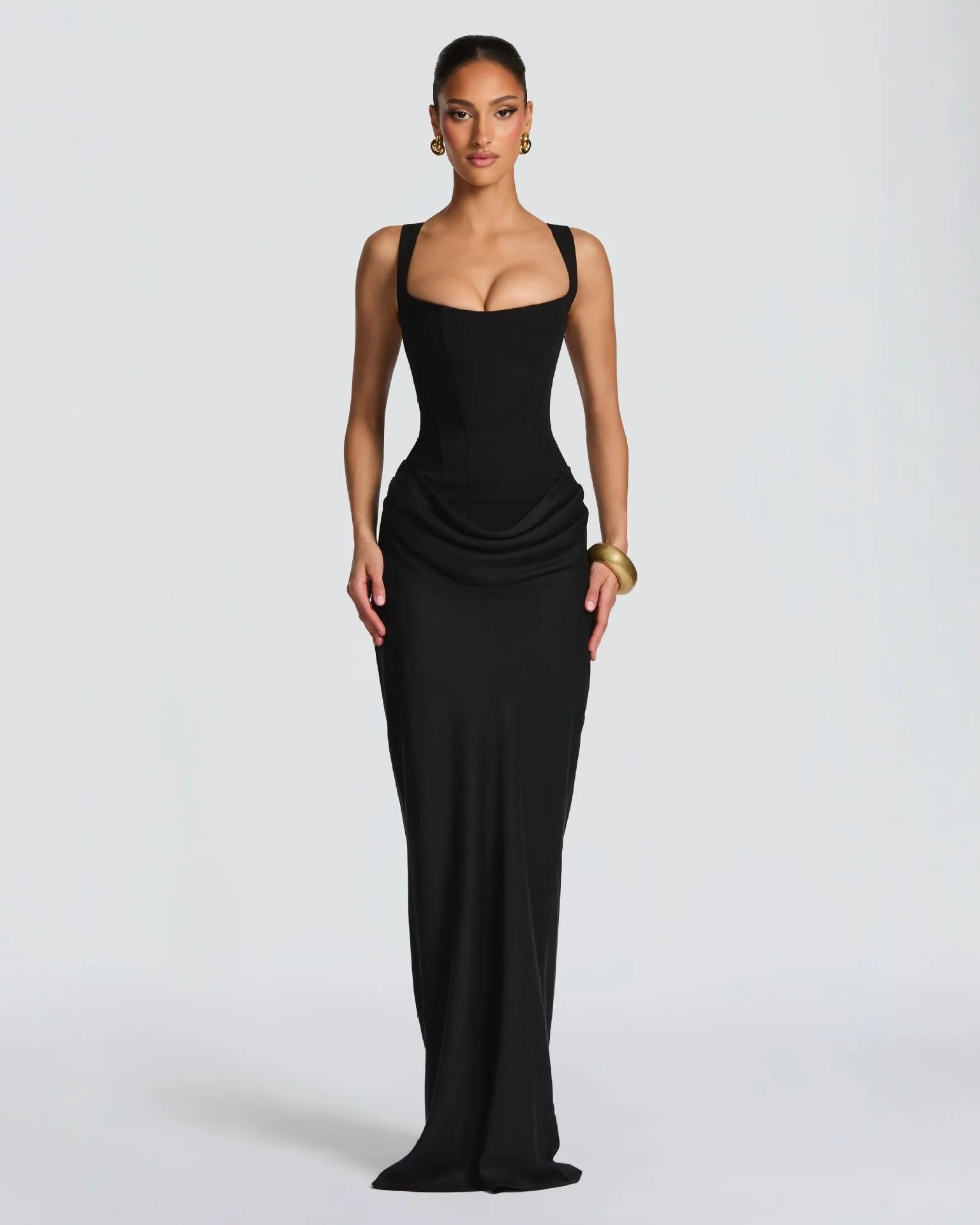 Black ruched bodycon maxi dress with long sleeves and high neck, Valentina Rose by Rose & Mews