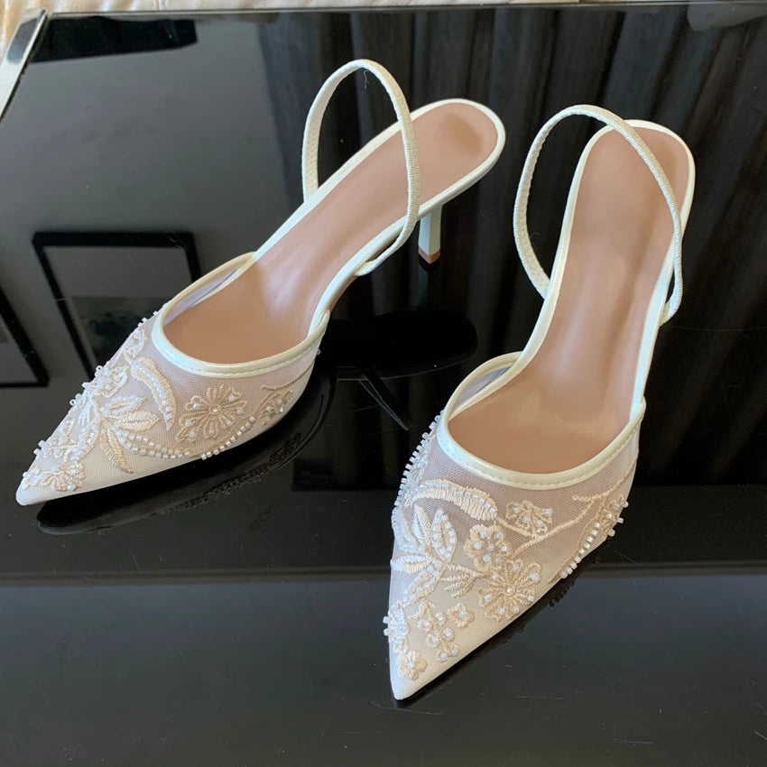 Embroidered Mesh Slingback Pumps Vivienne Rose