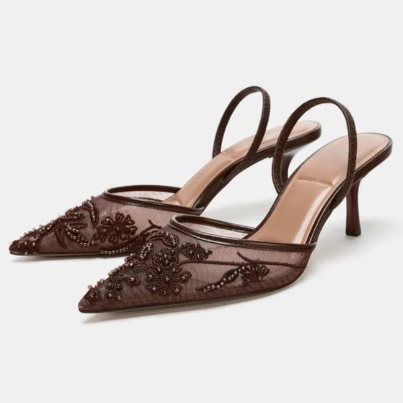 Embroidered Mesh Heeled Sandals Celeste Rose