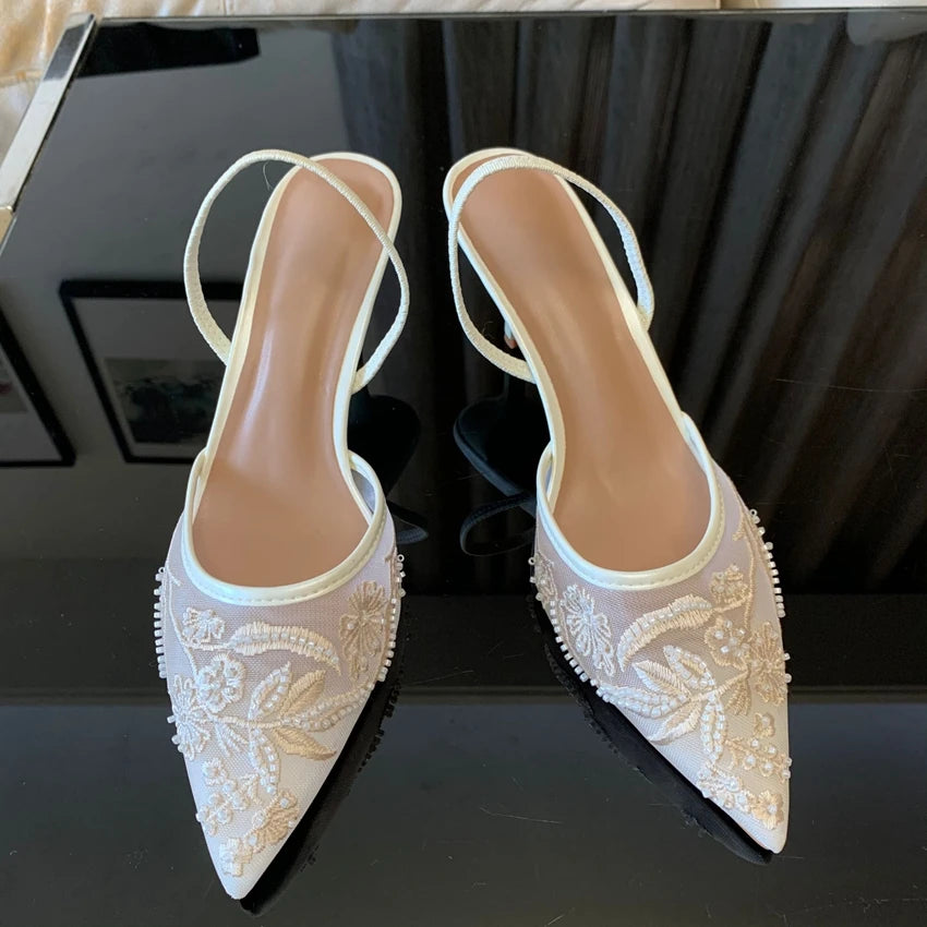 Embroidered Mesh Slingback Pumps Vivienne Rose