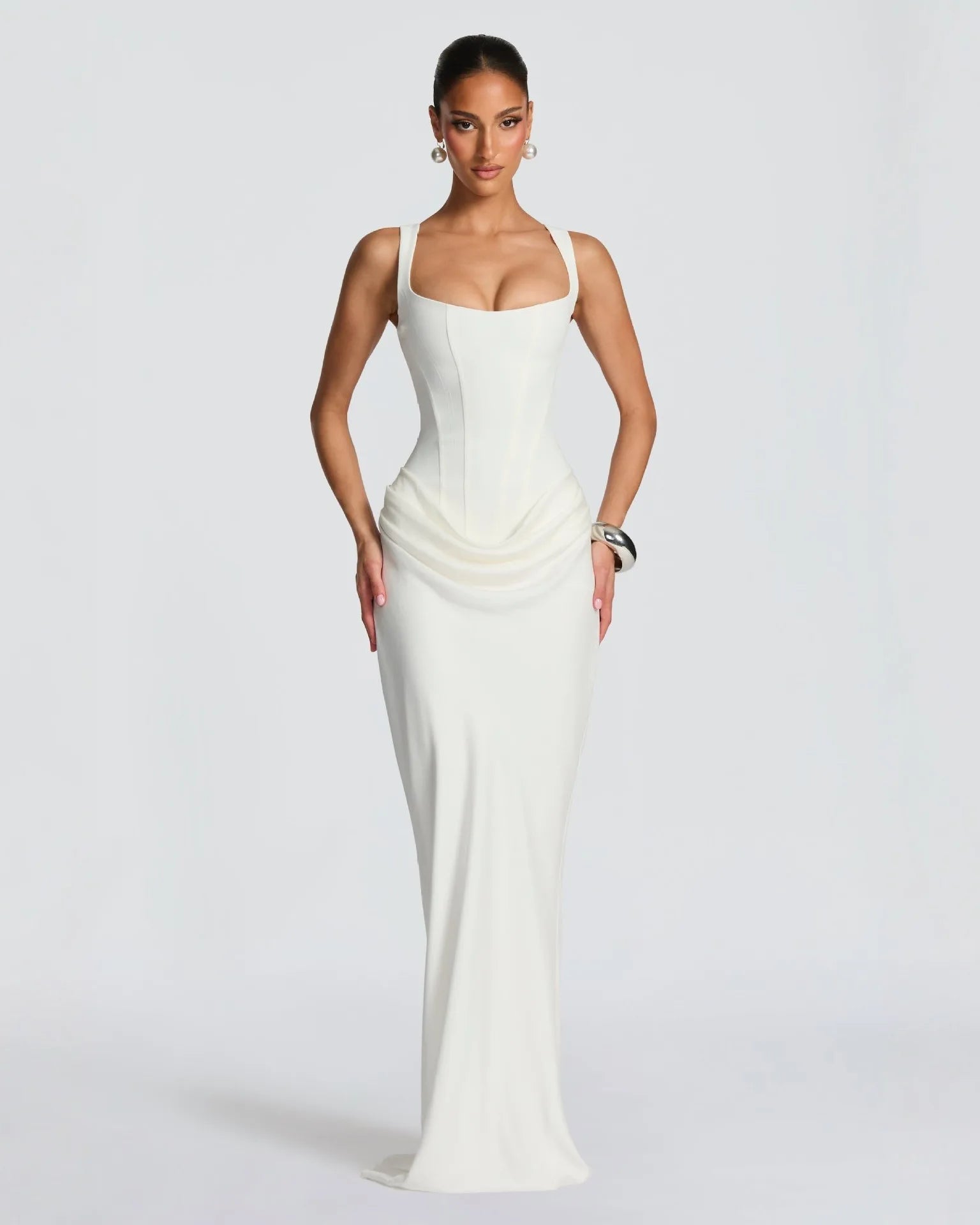 White ruched bodycon maxi dress with long sleeves and high neck, Valentina Rose by Rose & Mews