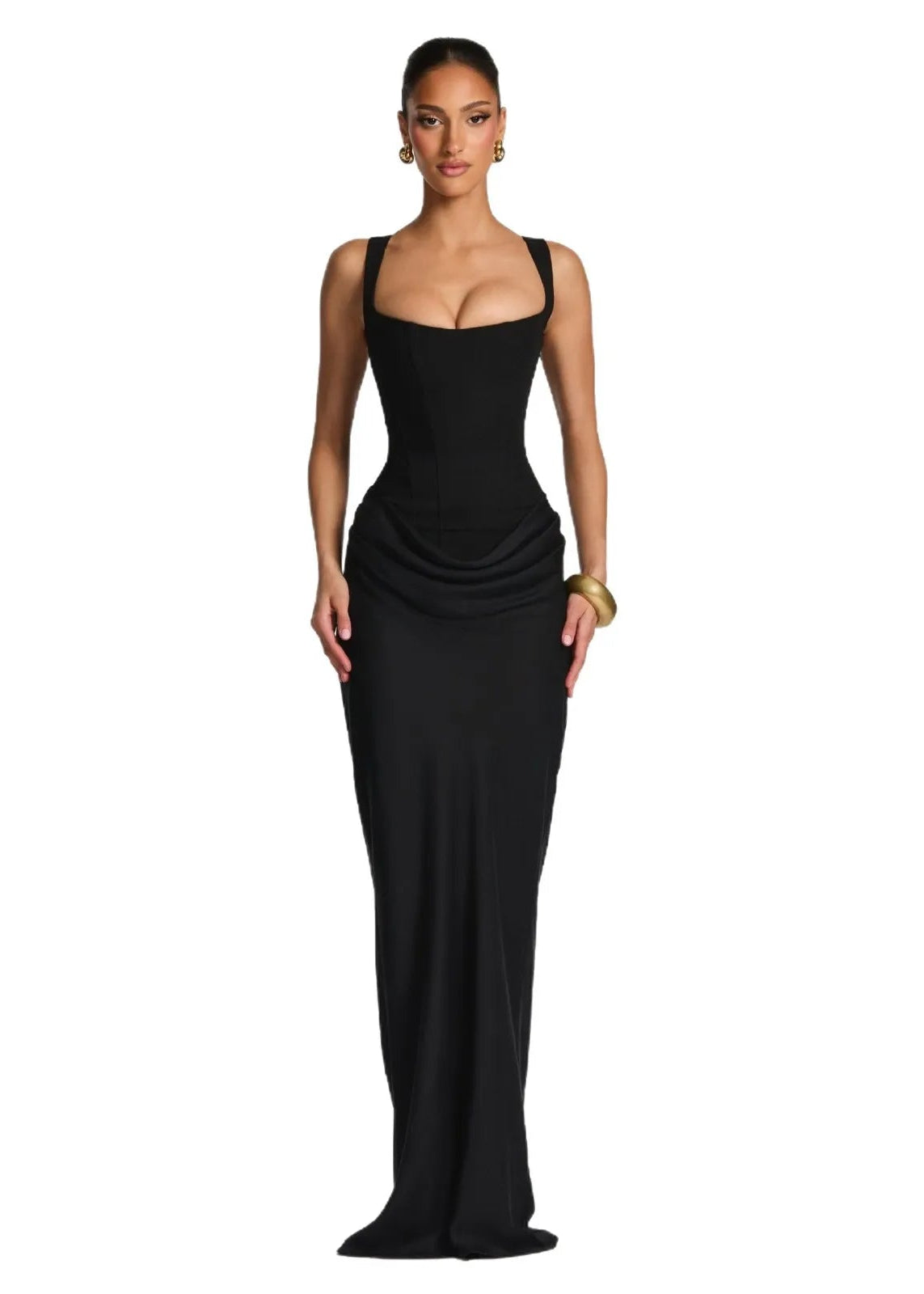 Black ruched bodycon maxi dress with long sleeves and high neck, Valentina Rose by Rose & Mews
