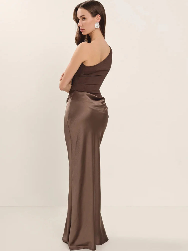 Satin One Shoulder Maxi Dress Celeste Rose