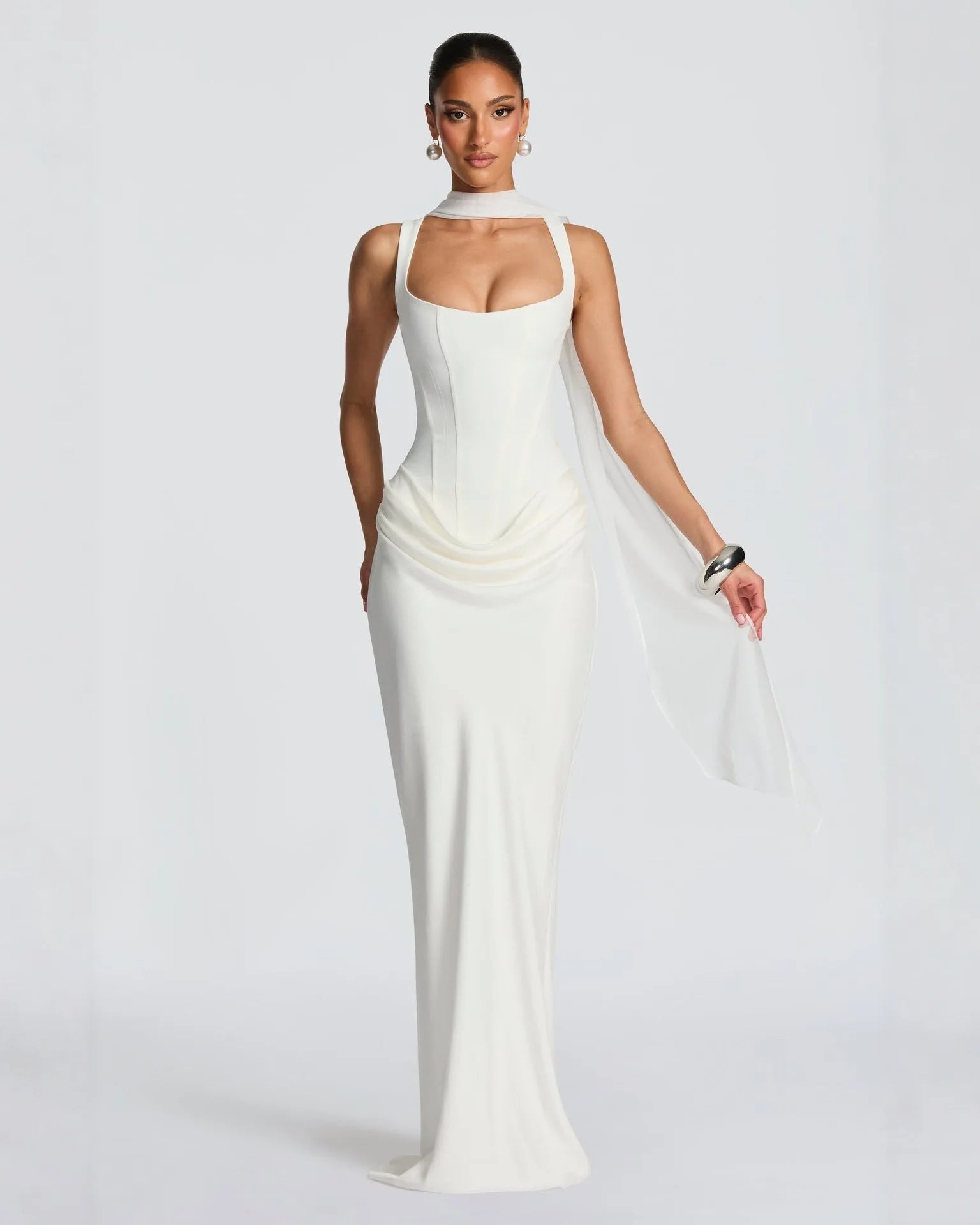 White ruched bodycon maxi dress with long sleeves and high neck, Valentina Rose by Rose & Mews