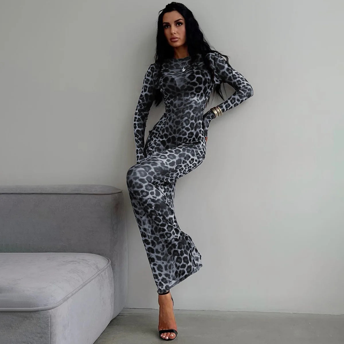 Mesh Leopard Print Maxi Dress Valentina Rose