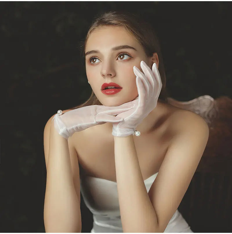 Pearl Beaded Tulle Wrist Gloves Odette Rose