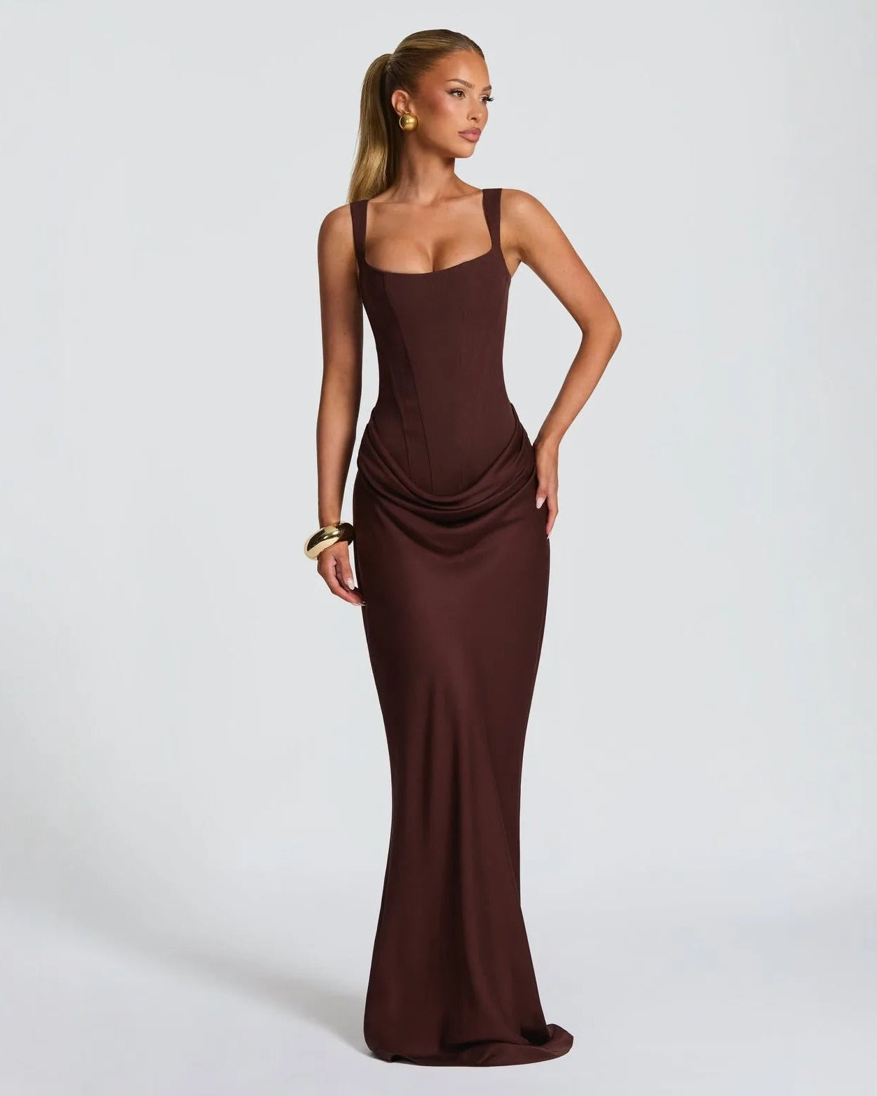 Black ruched bodycon maxi dress with long sleeves and high neck, Valentina Rose by Rose & Mews