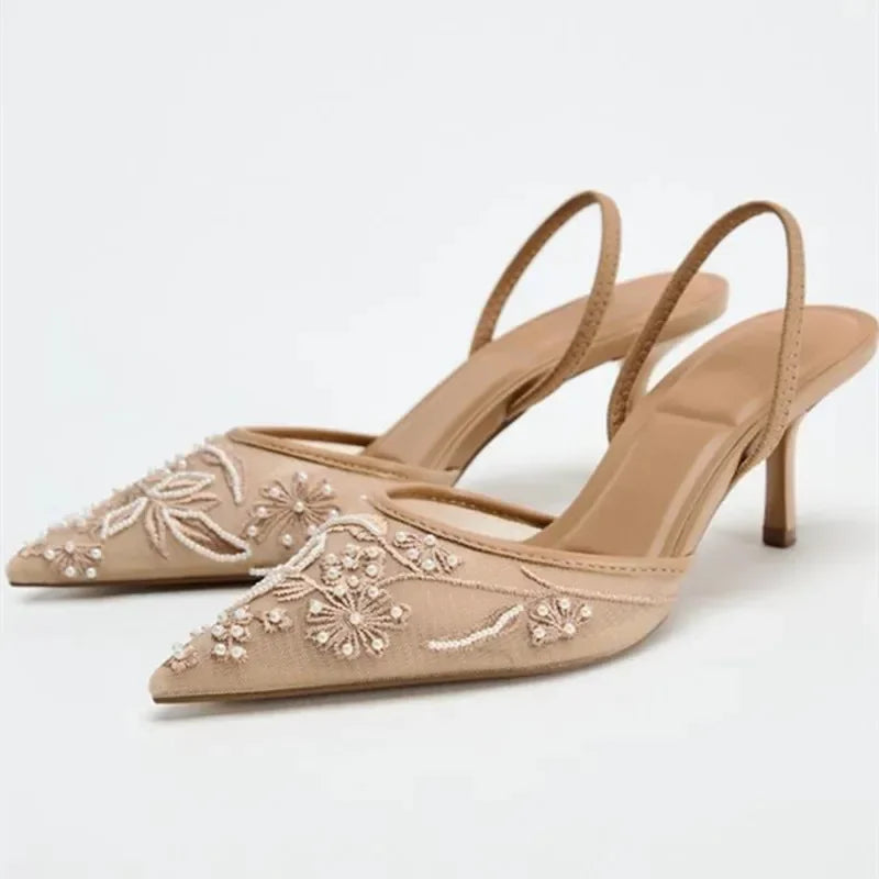 Embroidered Mesh Heeled Sandals Celeste Rose