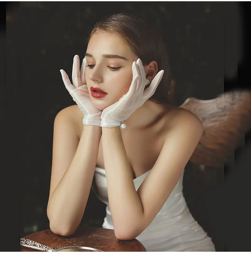Pearl Beaded Tulle Wrist Gloves Odette Rose