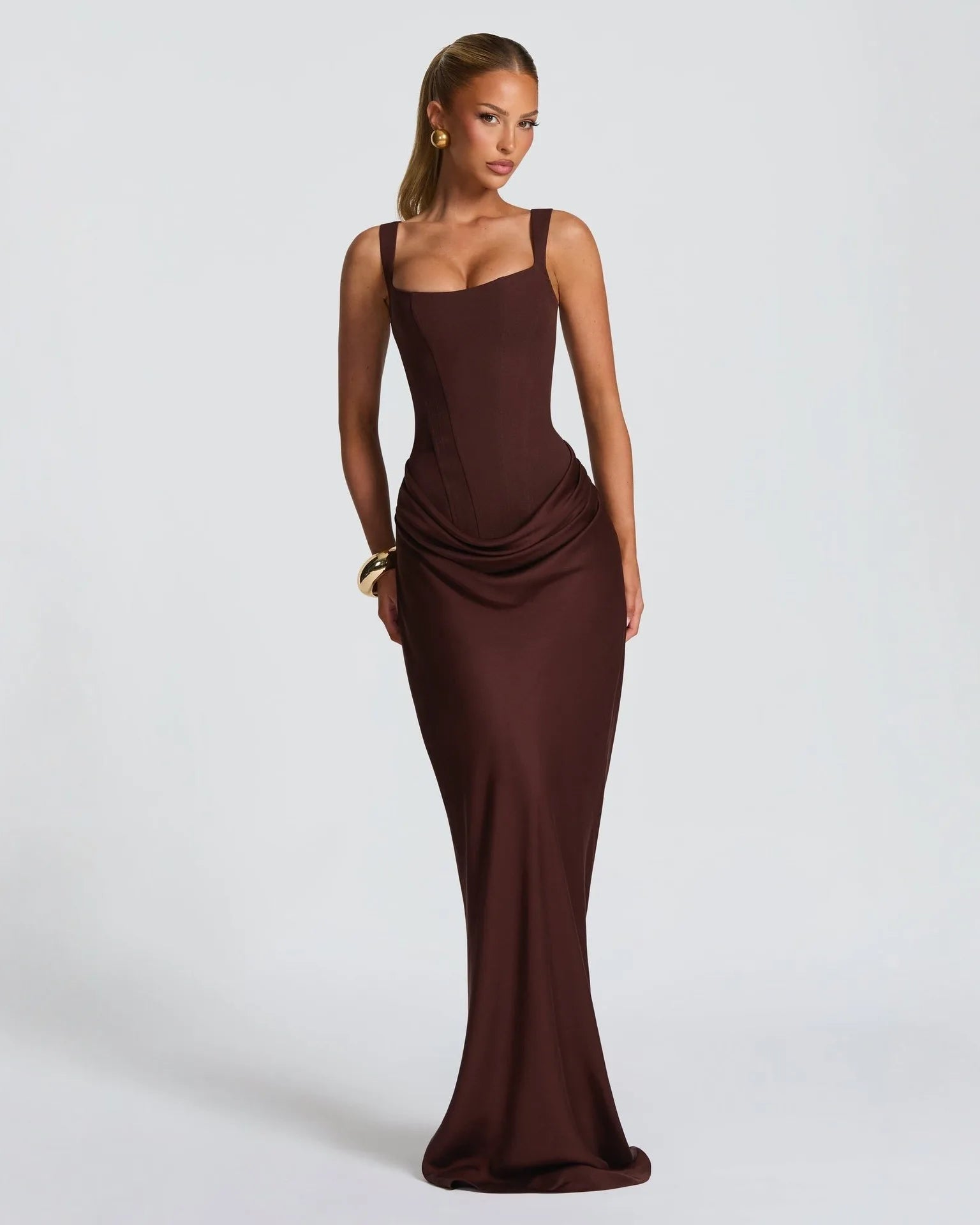 Brown ruched bodycon maxi dress with long sleeves and high neck, Valentina Rose by Rose & Mews