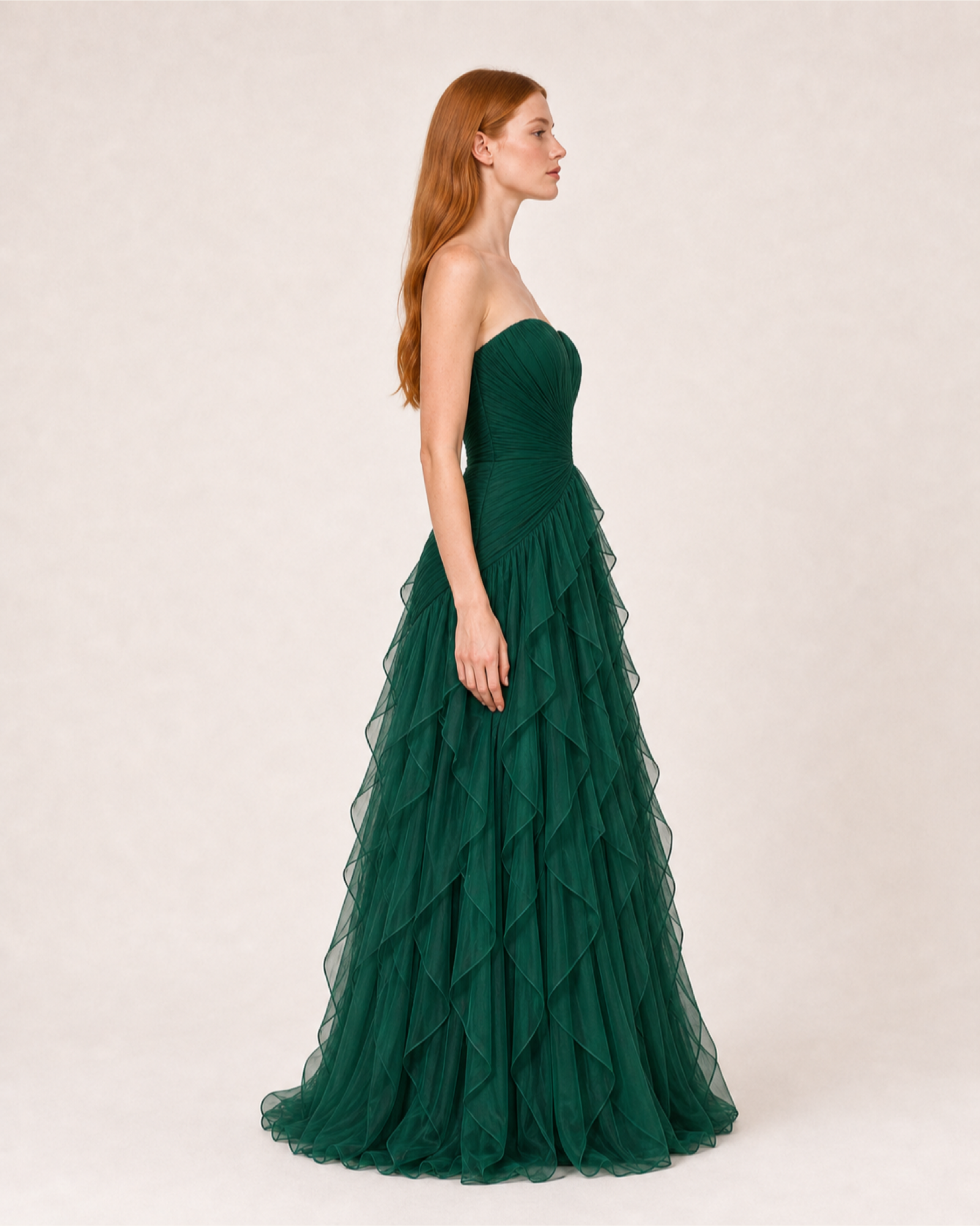 Ruffle Chiffon Prom Gown Arabella Rose - Emerald Green - Right Profile