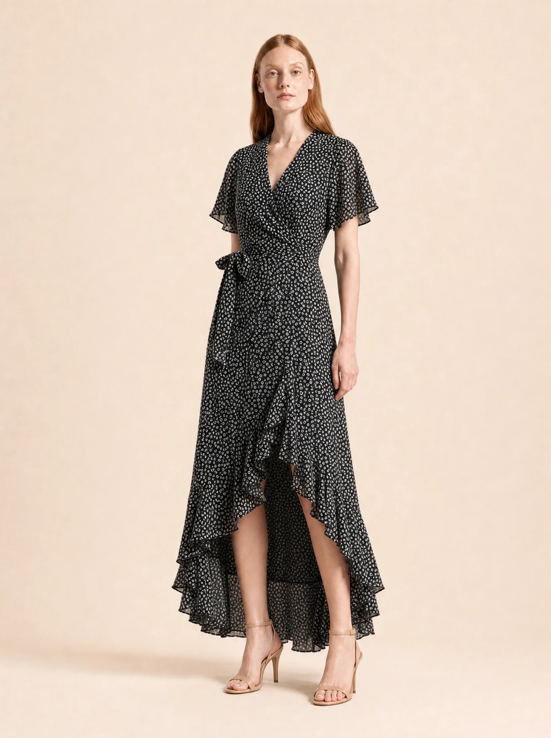 Chiffon Boho Wrap Maxi Dress Aurelia Rose - Black - Three Quarter