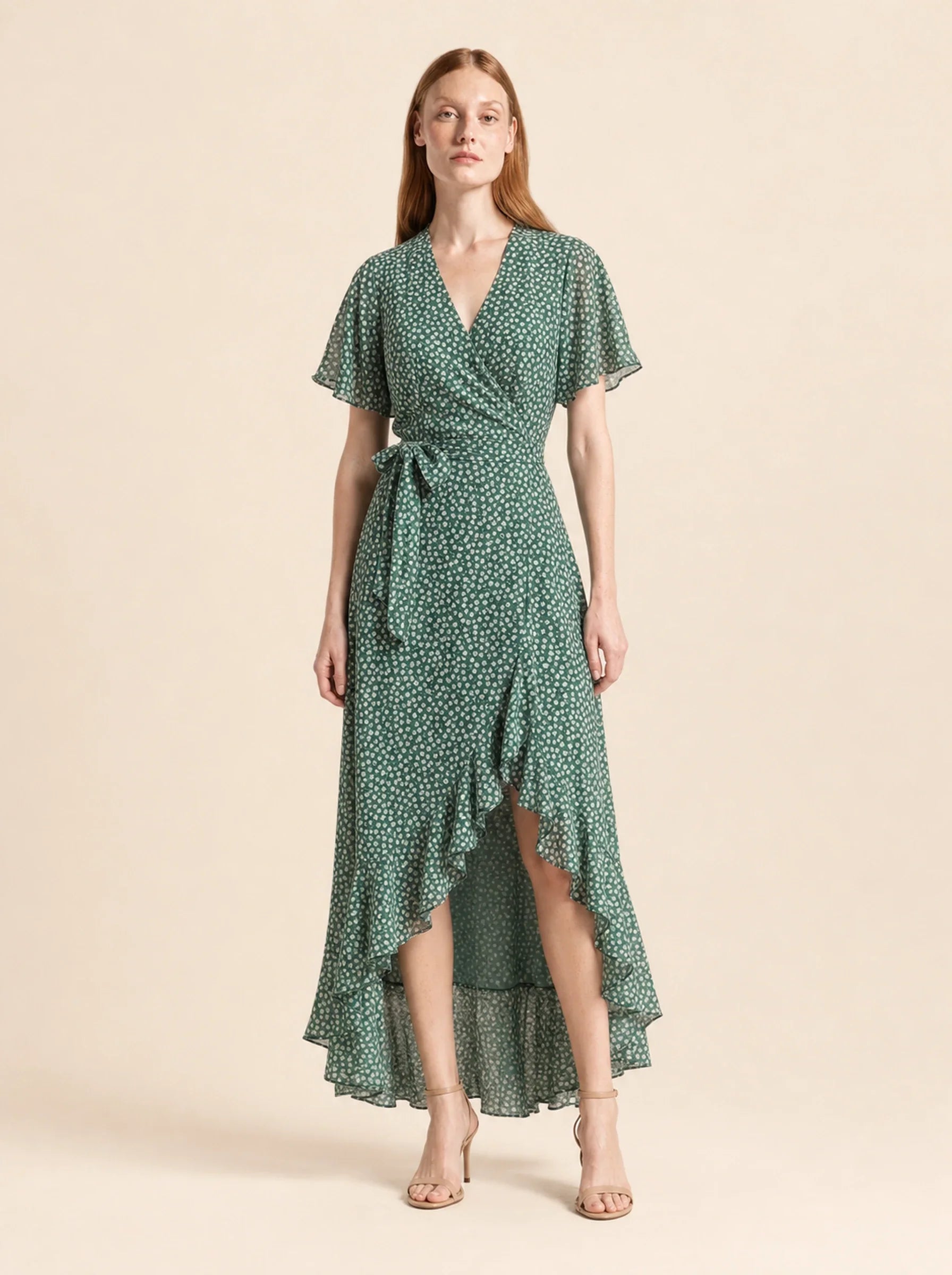 Chiffon Boho Wrap Maxi Dress Aurelia Rose - Green - Front