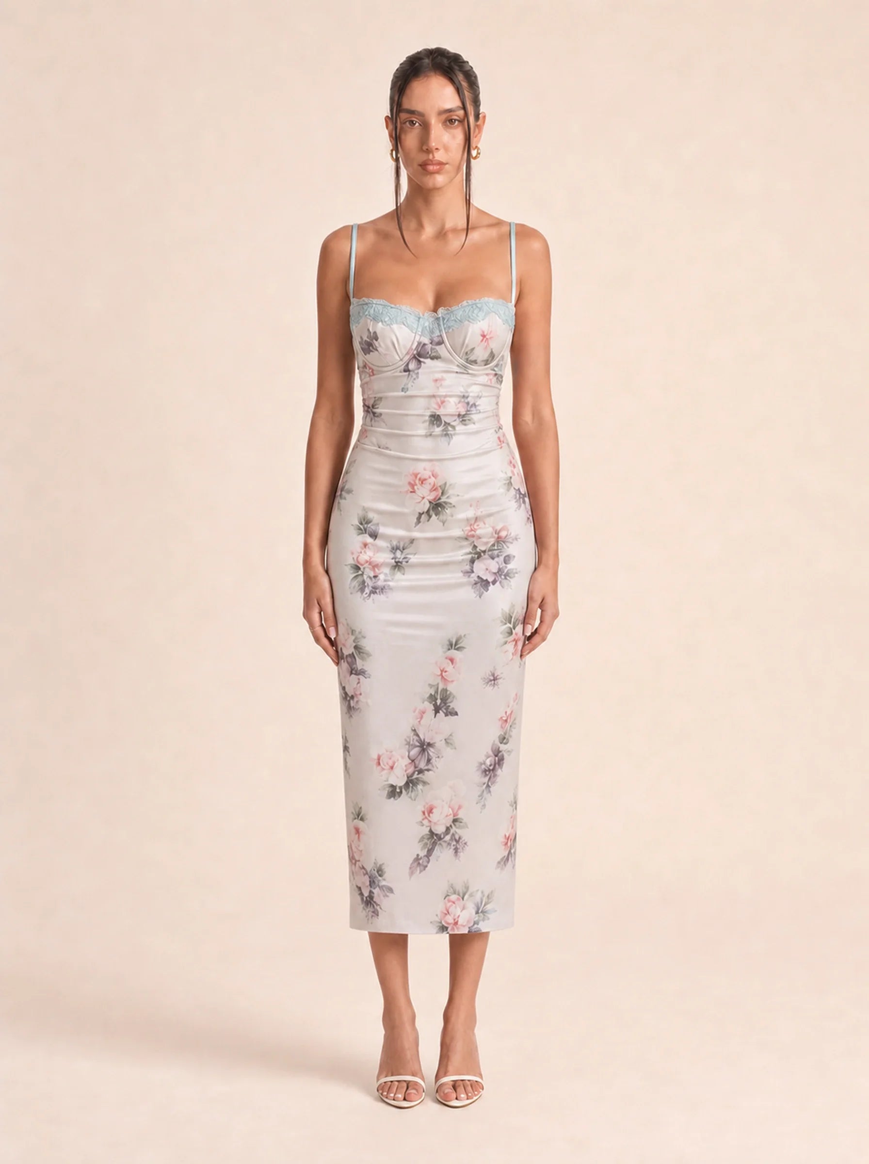 Floral Spaghetti Strap Maxi Dress Celeste Rose - midi dress front view