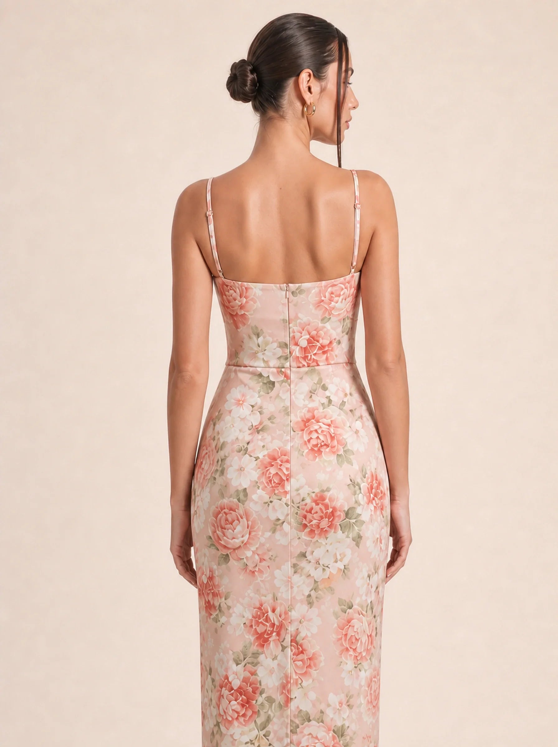 Floral Spaghetti Strap Maxi Dress Celeste Rose - Peony print back detail