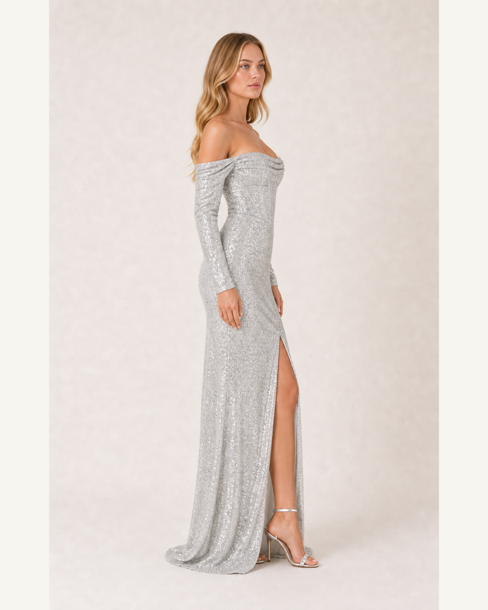 Silver Off-Shoulder Prom Gown Contessa Rose - Silver - Right Profile